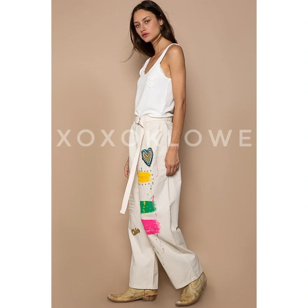 POL Cream Paint & Patch Loose Fit Wide Leg Pants - Picture 6 of 16